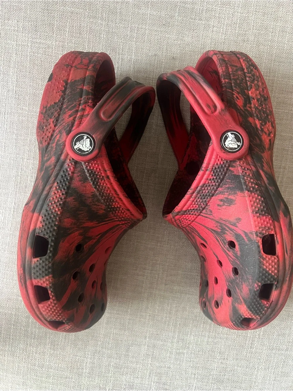 CROCS Red/Black Marble Clogs, boys/kids 3, outdoors, school playground, casual